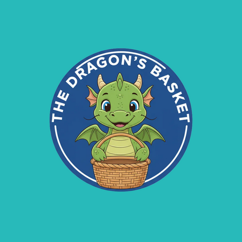Logo of 200 x 200 pixels of a dragon facing towards viewer and carrying an empty basket. Write “THE DRAGON’S BASKET” around or underneath the dragon
